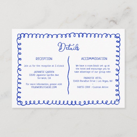 Details zur Hochzeit von Hand Drawn Blue French Re Begleitkarte (Vorderseite)