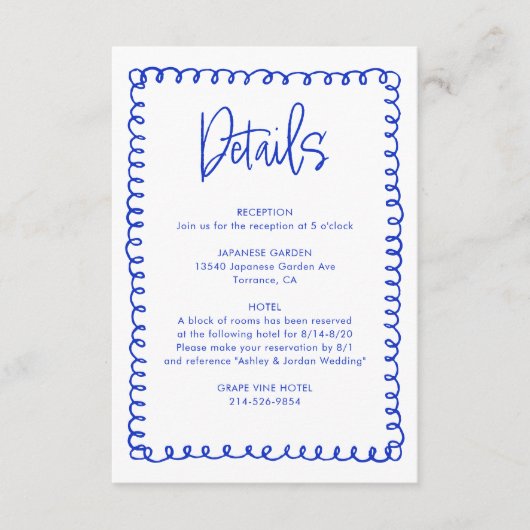 Details zur Hochzeit von Hand Drawn Blue French Re Begleitkarte (Vorderseite)