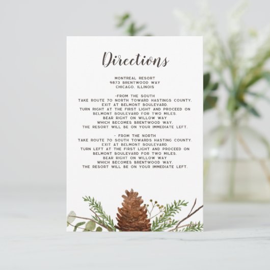 Details zur Hochzeit von Kiefernflossen in rustika Begleitkarte (Stehend Vorderseite)