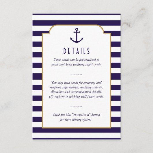 Details zur Hochzeit von Nautic Navy & White Strip Begleitkarte (Vorderseite)