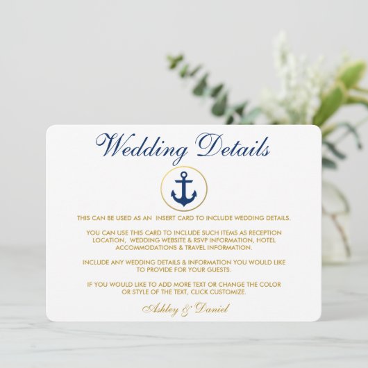 Details zur Hochzeit von Nautical Blue Gold Einladung (Stehend Vorderseite)