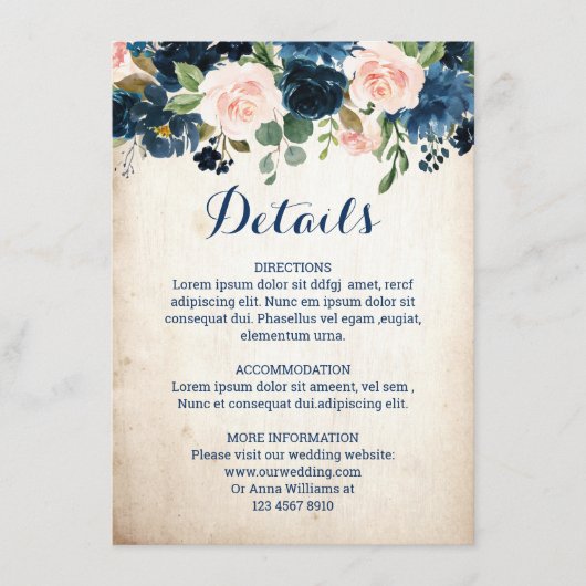 Details zur Hochzeit von Navy Blue Blush Pink Rose Begleitkarte (Vorderseite)