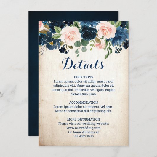 Details zur Hochzeit von Navy Blue Blush Pink Rose Begleitkarte (Vorne/Hinten)