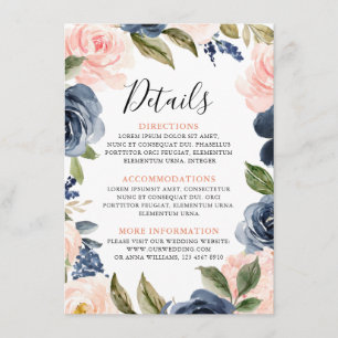 Details zur Hochzeit von Navy Blue Blush Pink Rose Begleitkarte