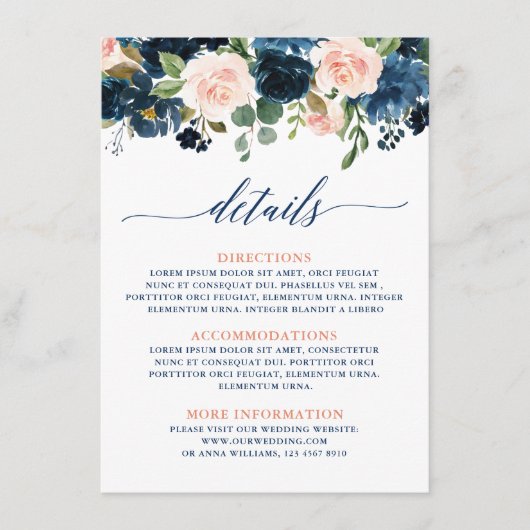 Details zur Hochzeit von Navy Blue Blush Pink Rose Begleitkarte (Vorderseite)