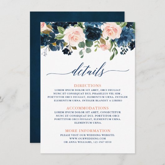 Details zur Hochzeit von Navy Blue Blush Pink Rose Begleitkarte (Vorne/Hinten)