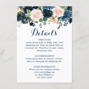 Details zur Hochzeit von Navy Blue Blush Pink Rose Begleitkarte