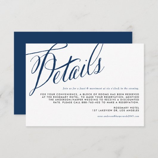 Details zur Hochzeit von Navy Blue Rustic Calligra Begleitkarte (Vorne/Hinten)