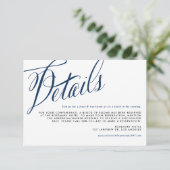 Details zur Hochzeit von Navy Blue Rustic Calligra Begleitkarte (Stehend Vorderseite)