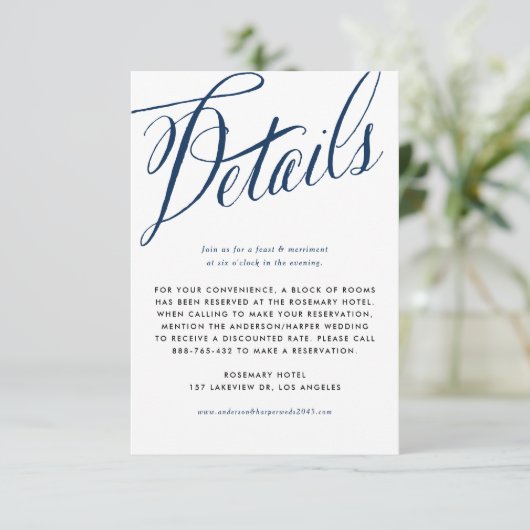Details zur Hochzeit von Navy Blue Rustic Calligra Begleitkarte (Stehend Vorderseite)