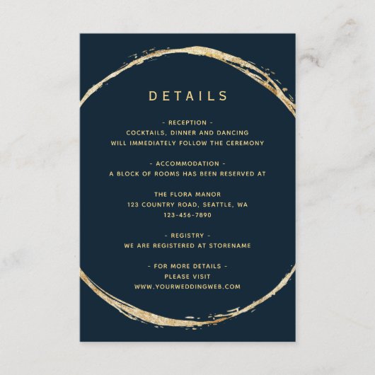 Details zur Hochzeit von Navy Blue Rustic Gold Cir Begleitkarte (Vorderseite)