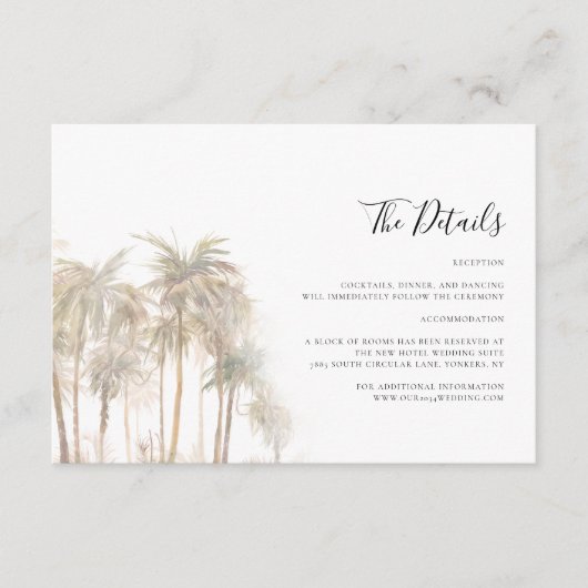 Details zur Hochzeit von Palm Tree Coastal Begleitkarte (Vorderseite)