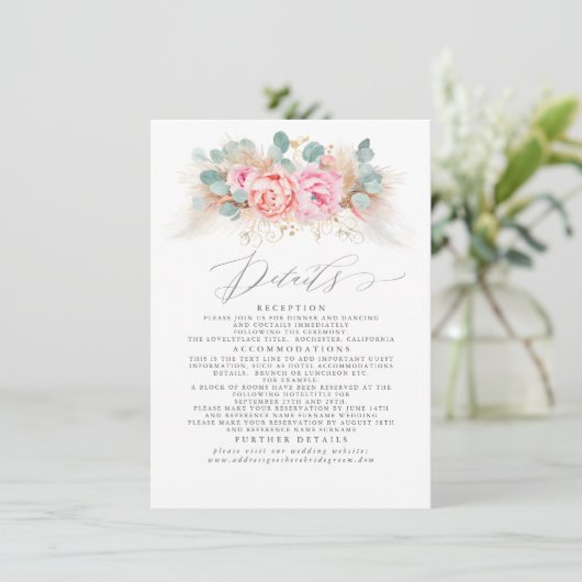 Details zur Hochzeit von Pampas-Gras in Rosa Begleitkarte (Stehend Vorderseite)