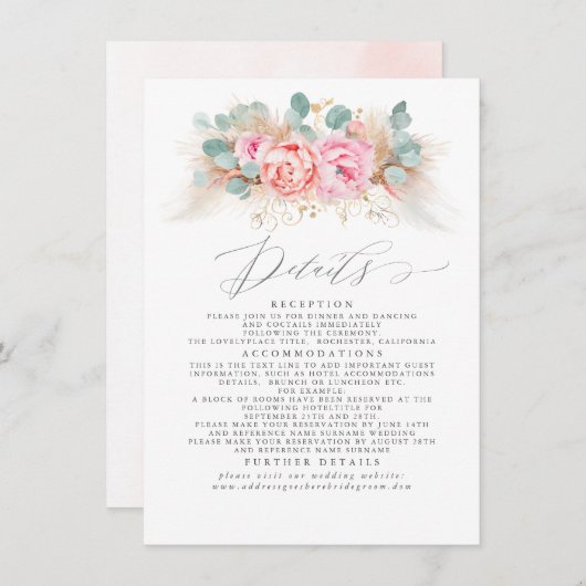 Details zur Hochzeit von Pampas-Gras in Rosa Begleitkarte (Vorne/Hinten)