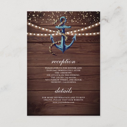 Details zur Hochzeit von rustikalem Holz Navy Begleitkarte (Vorderseite)