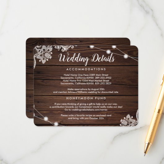 Details zur Hochzeit von rustikalem Holz und Strei Begleitkarte (Vorderseite/Rückseite Beispiel)