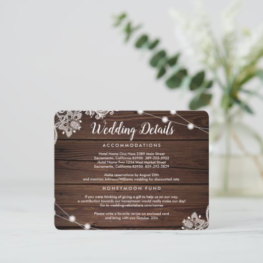 Details zur Hochzeit von rustikalem Holz und Strei Begleitkarte (Stehend Vorderseite)
