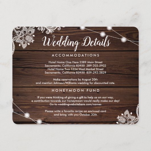 Details zur Hochzeit von rustikalem Holz und Strei Begleitkarte (Vorderseite)