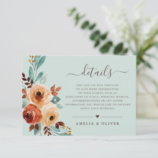 Details zur Hochzeit von rustikalen Minzgrün Begleitkarte (Stehend Vorderseite)