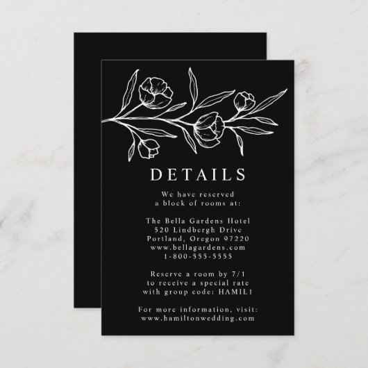 Details zur Hochzeit von Schwarz und Weiß Begleitkarte (Vorne/Hinten)