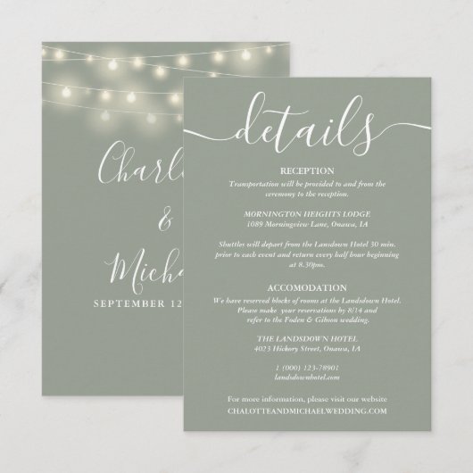 Details zur Hochzeit von String Lights Sage Green Begleitkarte (Vorne/Hinten)