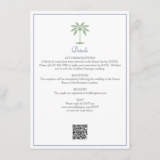 Details zur Hochzeit von tropischen Palmen Begleitkarte (Vorderseite)