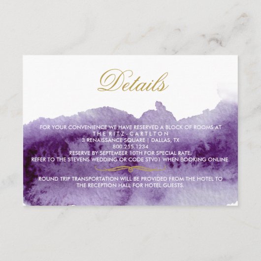 Details zur Hochzeit von ultraviolettem Wasser Begleitkarte (Rückseite)