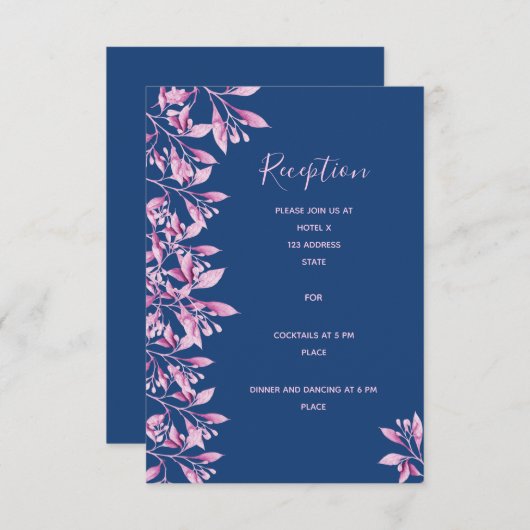 Details zur Hochzeitsempfehlung in blauen Rosa Begleitkarte (Vorne/Hinten)