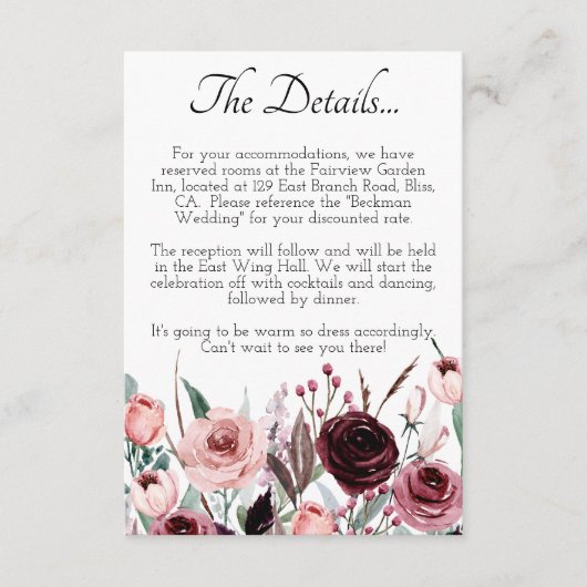 Details zur Hochzeitskarte für Burgund und Blush F Begleitkarte (Vorderseite)