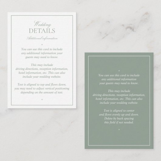 Details zur Hochzeitssage in elegantem Sage Green Begleitkarte (Vorne/Hinten)