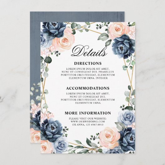 Details zur Hochzeitszeit in dunkelblauem Pfirsich Begleitkarte (Vorne/Hinten)