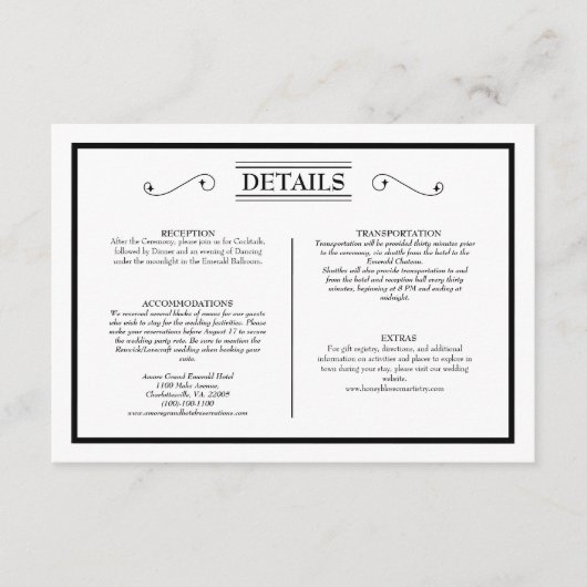 Details zur klassischen formalen Schwarz-Hochzeit Begleitkarte (Vorderseite)