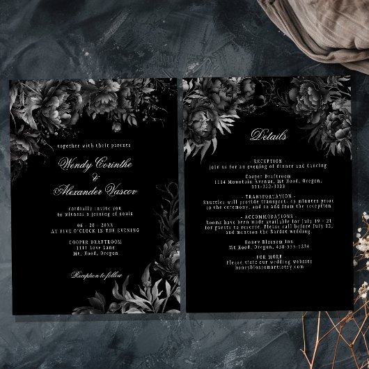 Details zur klassischen gotischen Black Wedding un Einladung