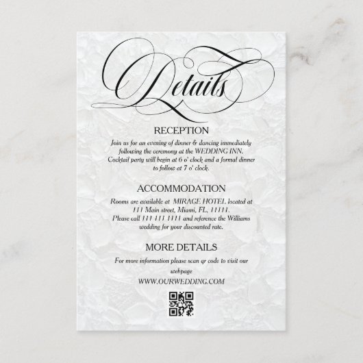 Details zur klassischen Hochzeit in Weiß und Schwa Begleitkarte (Vorderseite)