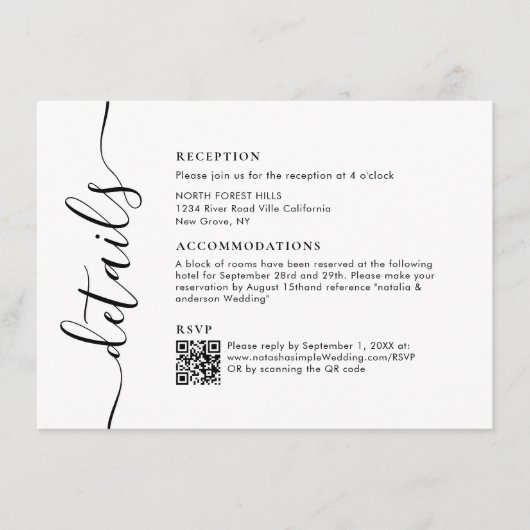 Details zur modernen Chic Script-Hochzeit Begleitkarte (Vorderseite)