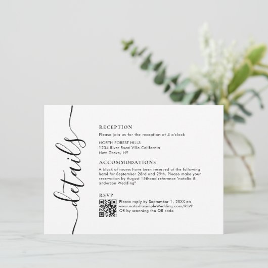 Details zur modernen Chic Script-Hochzeit Begleitkarte (Stehend Vorderseite)