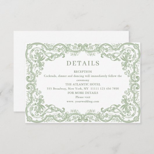 Details zur Renaissance Verziert Sage Green Weddin Begleitkarte (Vorne/Hinten)