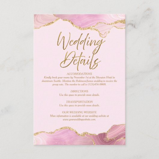 Details zur Rosa & Gold Agate-Hochzeitkarte Begleitkarte (Vorderseite)