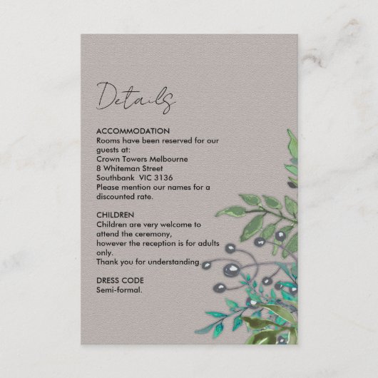 Details zur rustikalen Botanischen Blassgrauen Hoc Begleitkarte (Vorderseite)