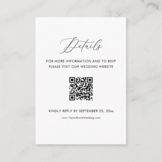 Details zur Schwarz-Weiß-Hochzeit Website Qr-Code Begleitkarte (Vorderseite)