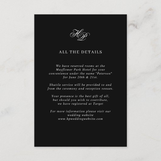 Details zur Schwarzen Hochzeit in Monogram-Skript Begleitkarte (Vorderseite)