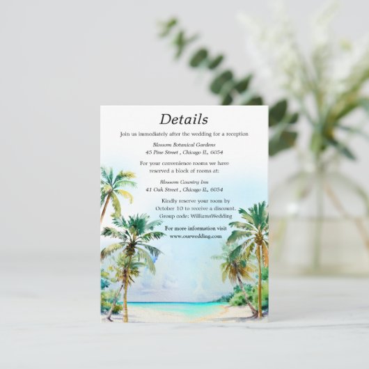Details zur tropischen Hochzeit in Urlaubsort Begleitkarte (Stehend Vorderseite)