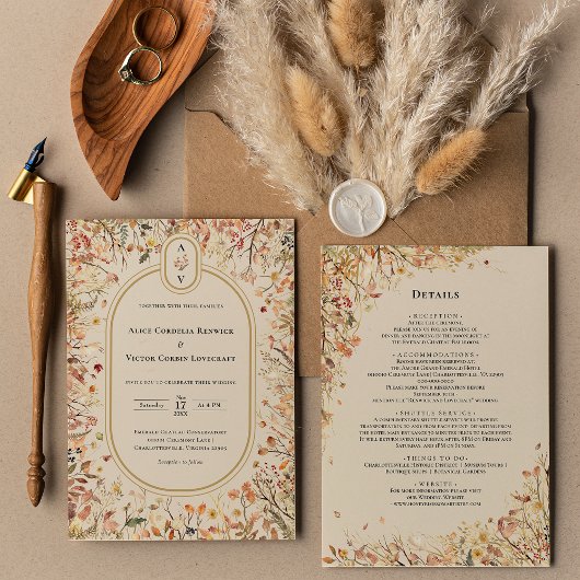 Details zur Vintagen Herbstbeige-Hochzeitsszenogra Einladung