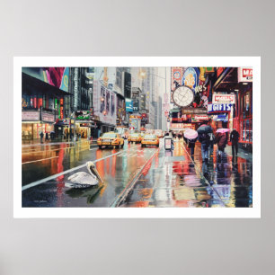 "Detour" Pelican in New York Watercolor Poster