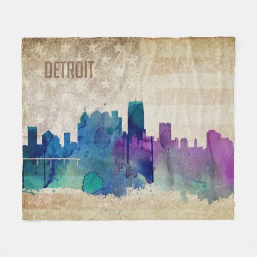 Detroit, Aquarell-Stadt-Skyline MI | Fleecedecke (Vorderseite (Horizontal))