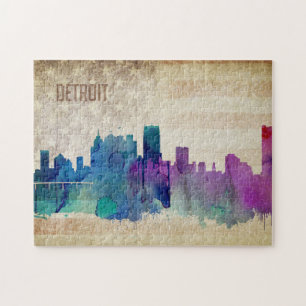 Detroit, Aquarell-Stadt-Skyline MI   Puzzle