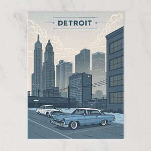 Detroit: Klassische Autos und urbane Skyline Illus Postkarte