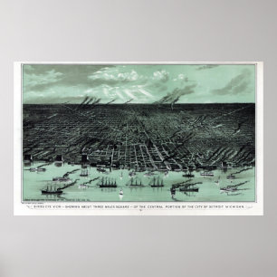 Detroit MI Panorama Karte DIGITAL ENTFERNT Poster