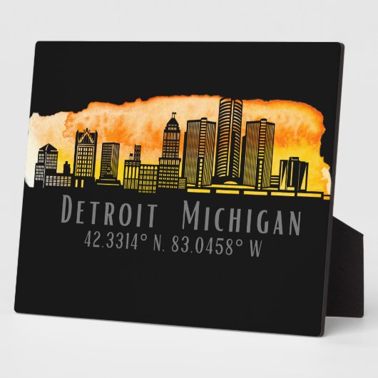Detroit MI Skyline Latitude und Longitude Tabletop Fotoplatte (Seite)