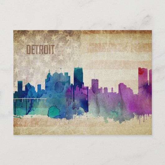 Detroit, MI | Wasserfarbe Stadt Skyline Postkarte (Vorderseite)